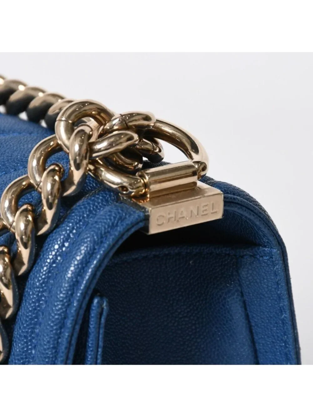 Chanel Boy 25 Chain Shoulder Bag CC Logo Caviar Leather Blue